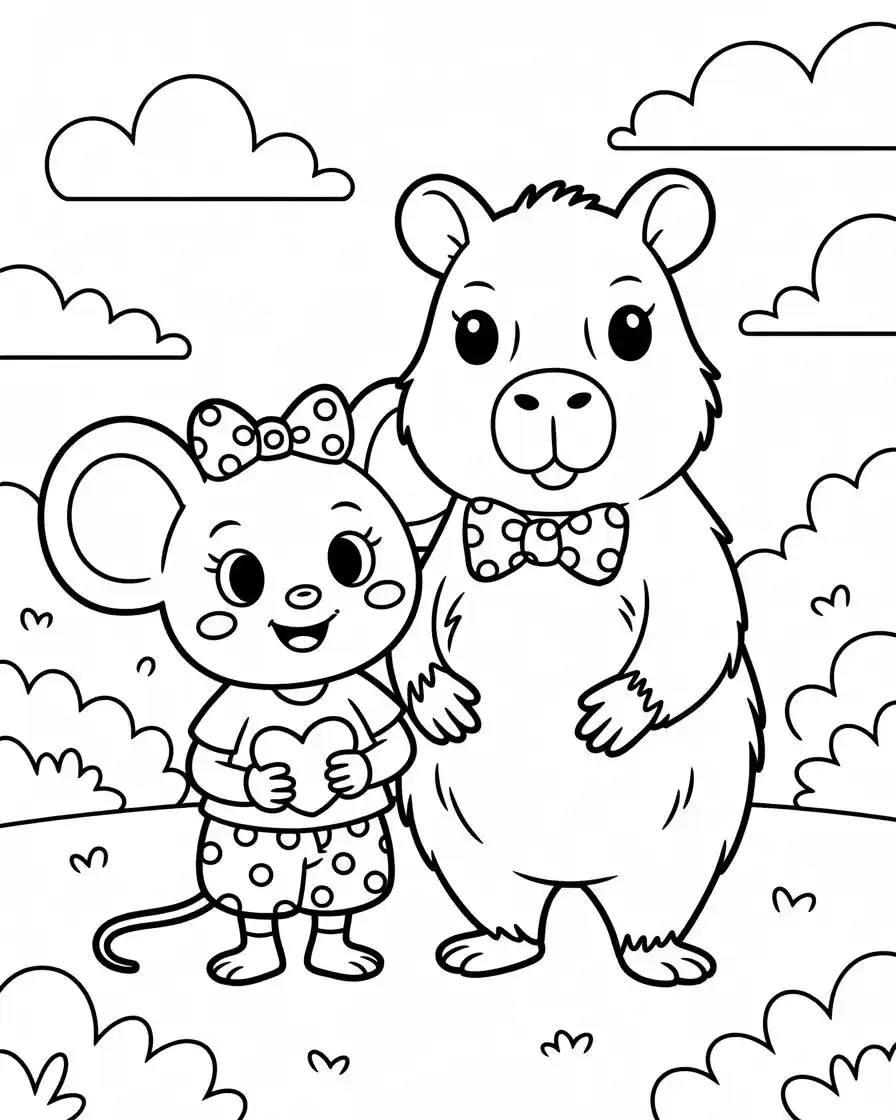 capybara with cartoon mouse coloring page 1