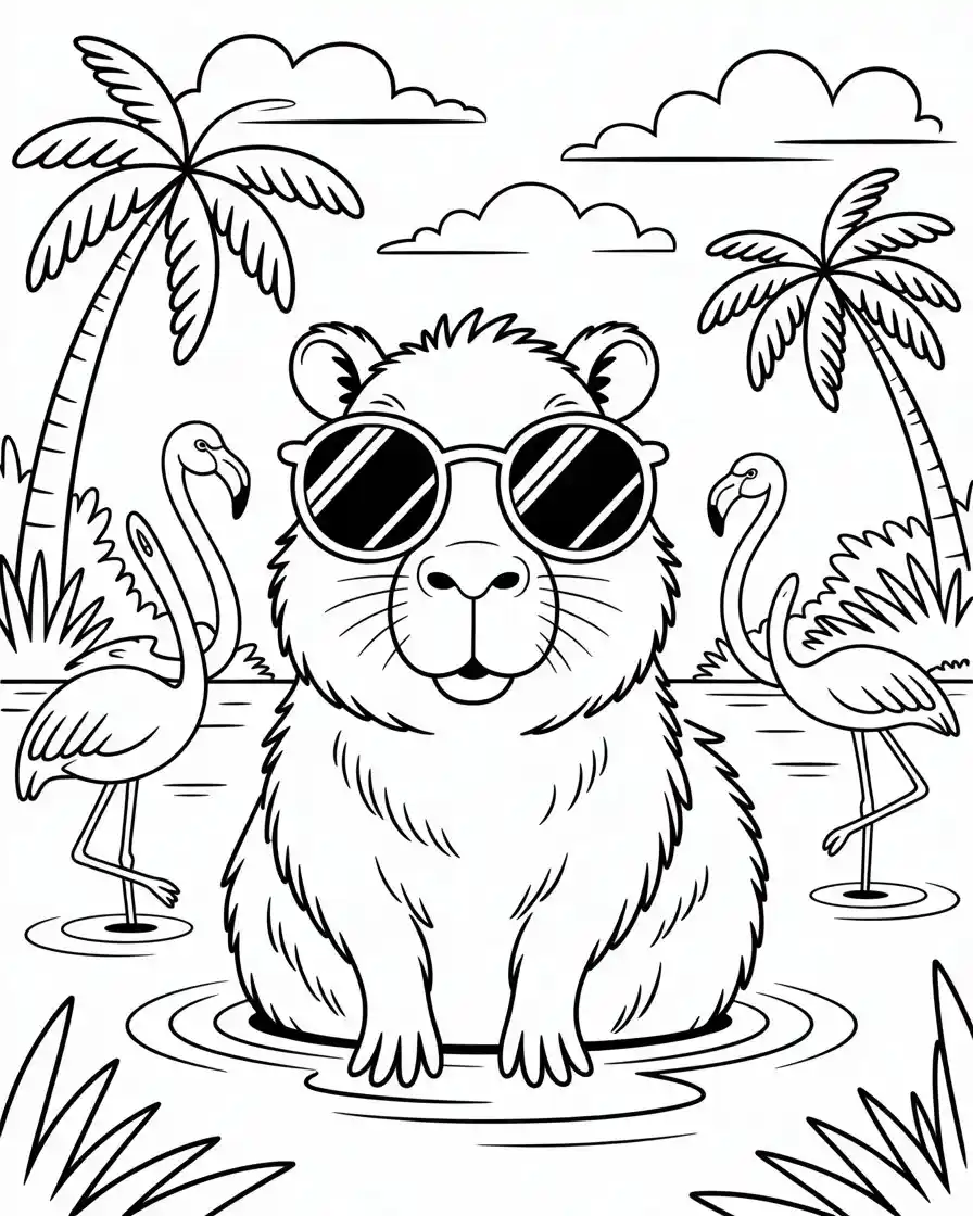 capybara with flamingos coloring page