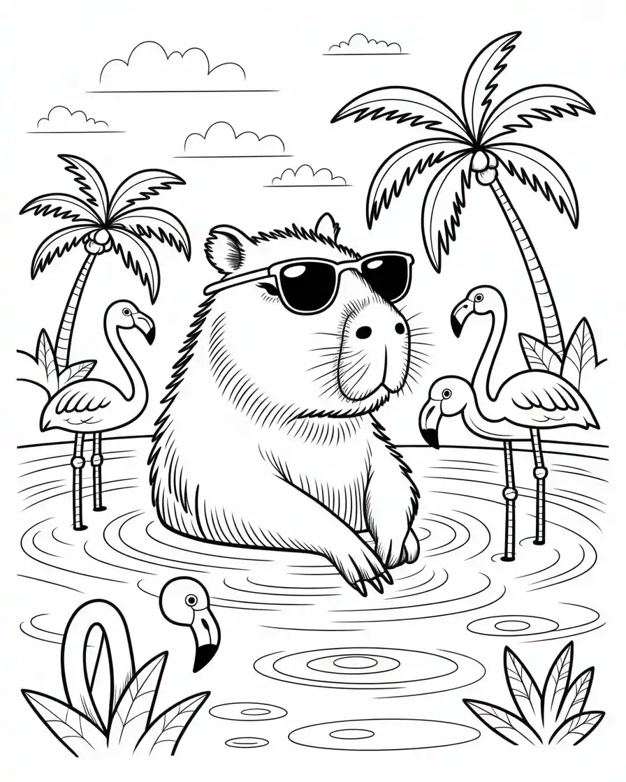capybara with flamingos coloring page