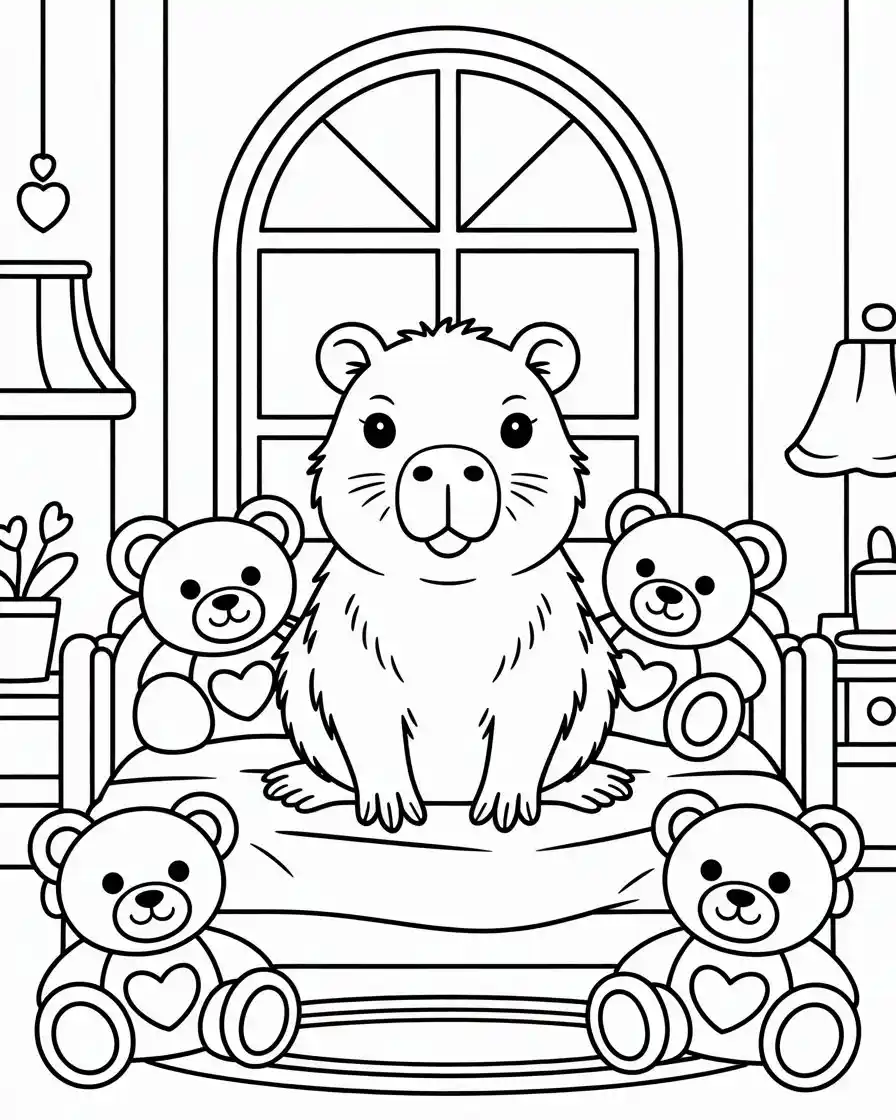 capybara with stuffed animals coloring page 