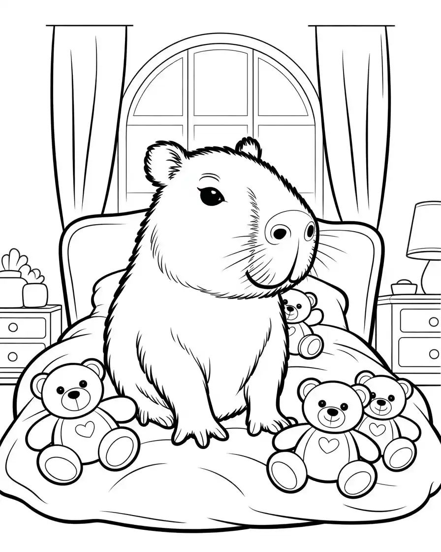 capybara with stuffed animals coloring page