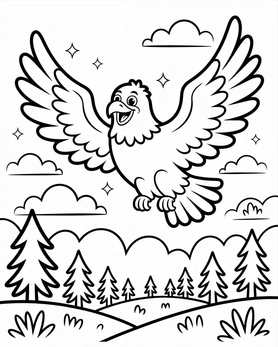 cartoon bald eagle flying forest coloring page