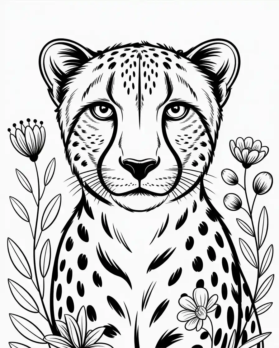 cheetah face floral coloring page printable.