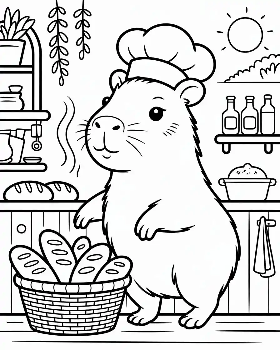chef capybara baking bread coloring page