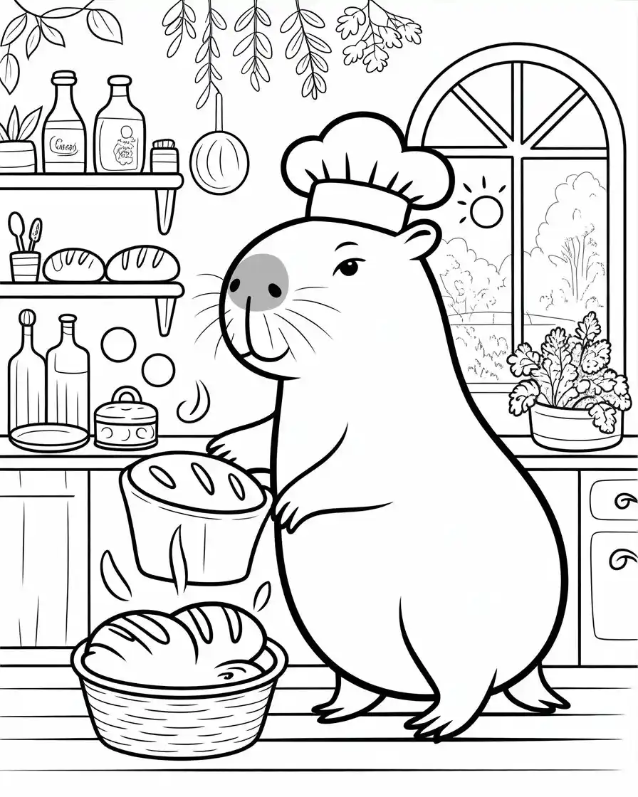 chef capybara baking bread coloring page