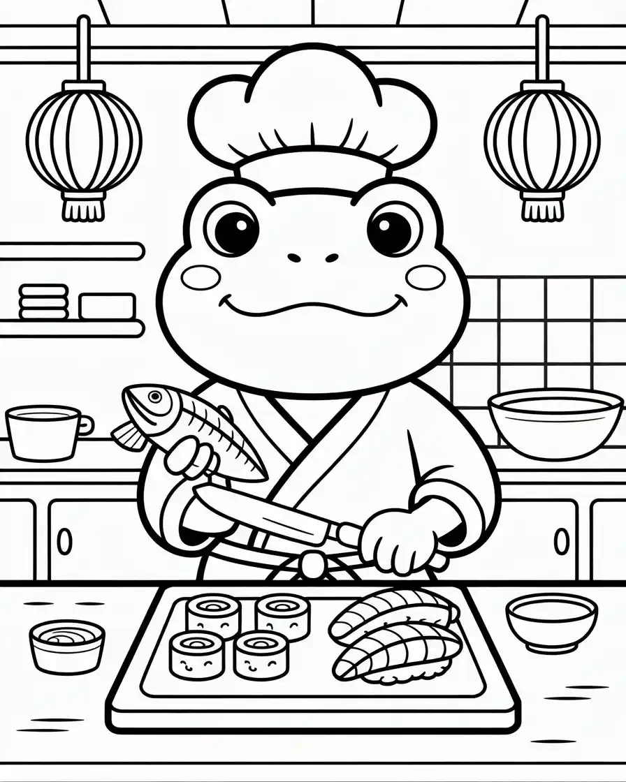 chef frog making sushi coloring page 1
