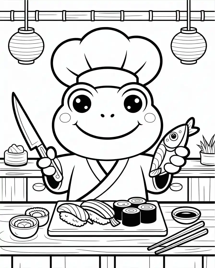 chef frog making sushi coloring page