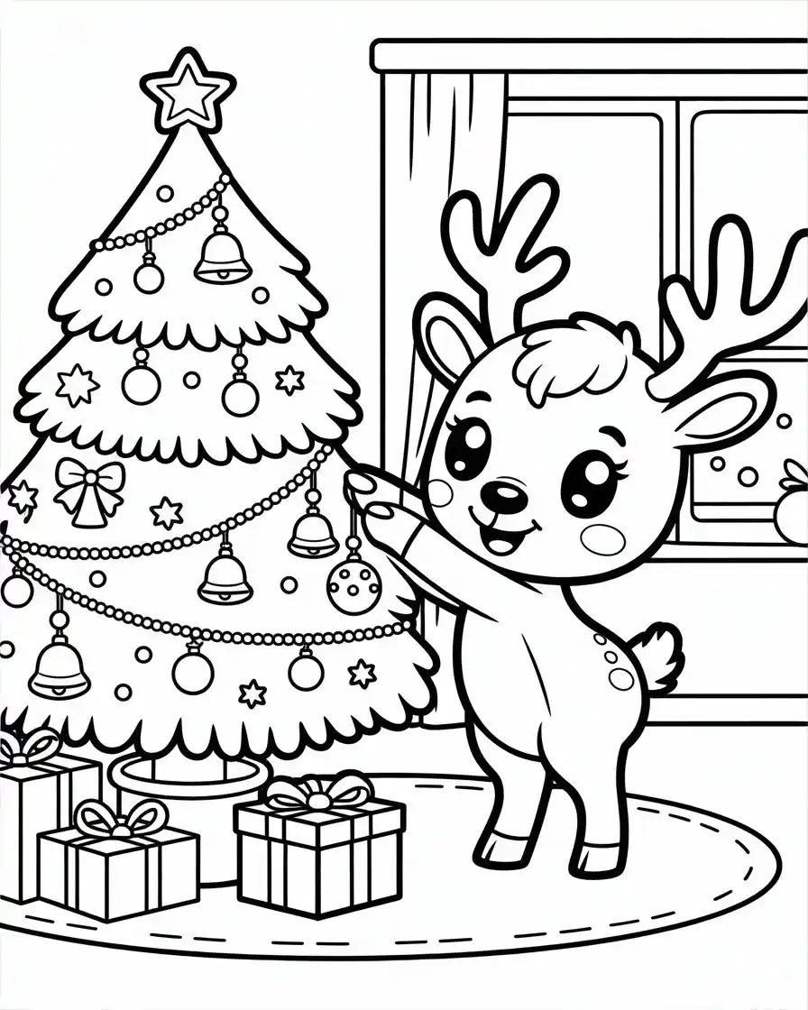chibi reindeer decorating christmas tree coloring page