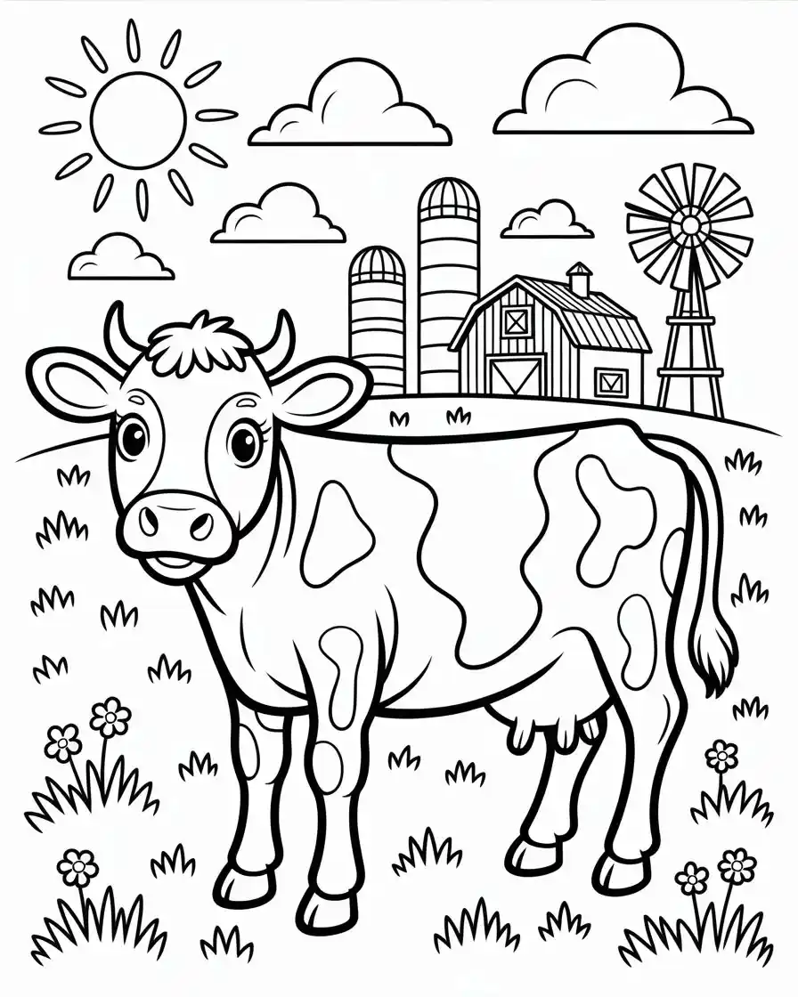 country cow with barn and windmill coloring page for kids
