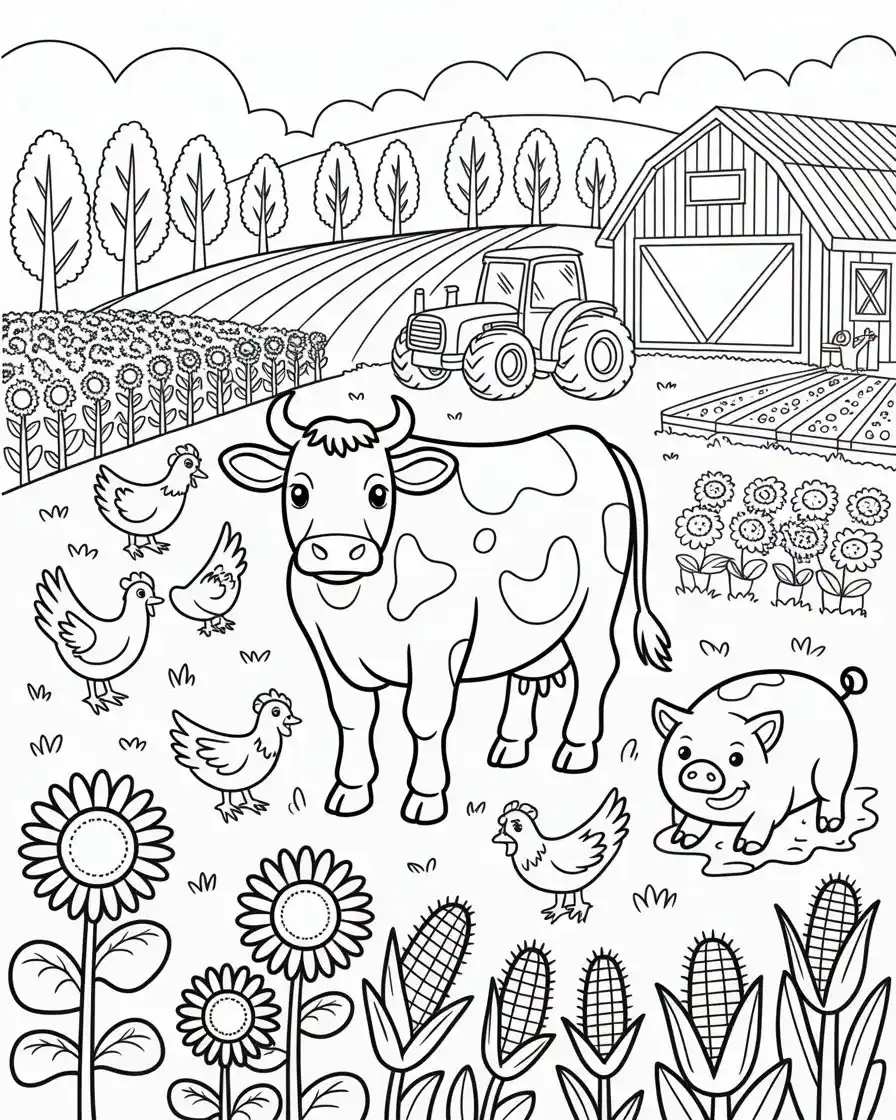 cow and chickens on a busy farm with tractor and barn coloring page for kids 1