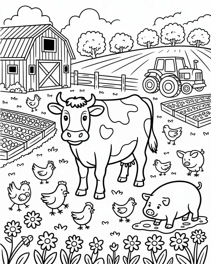 cow and chickens on a busy farm with tractor and barn coloring page for kids