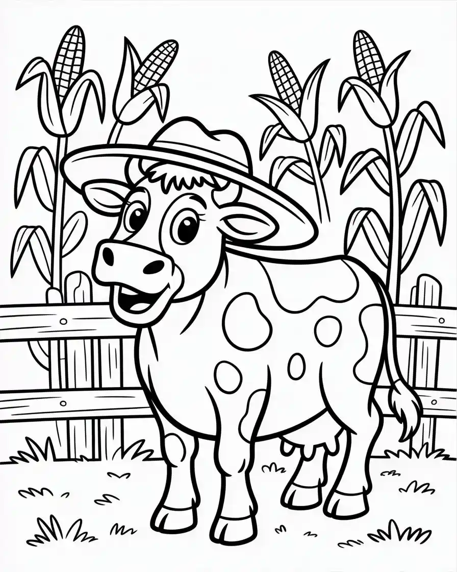 cow with straw hat on farm coloring page