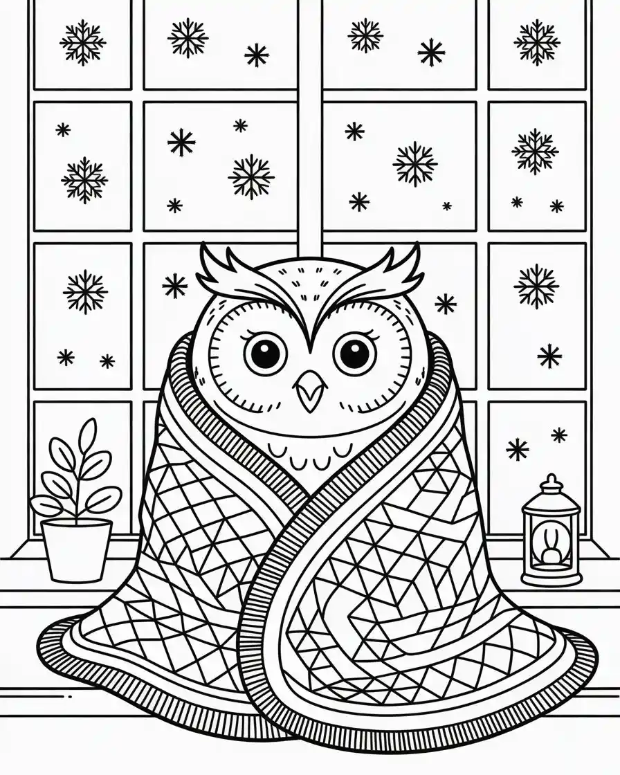 cozy owl wrapped in blanket coloring page 1