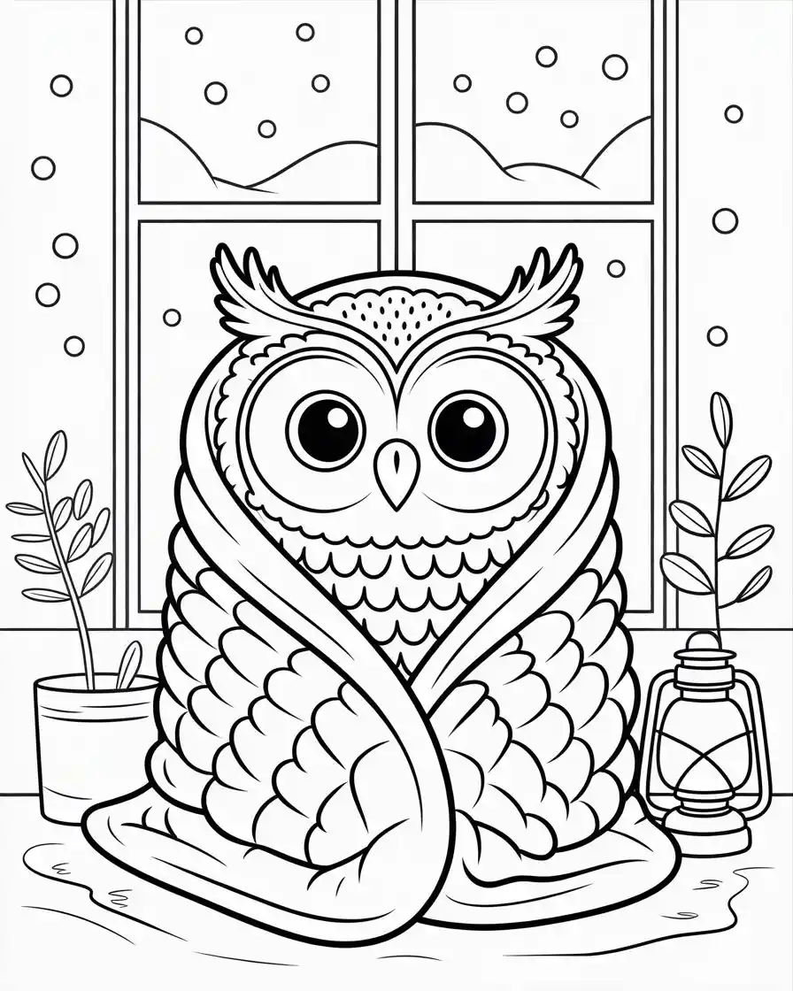 cozy owl wrapped in blanket coloring page