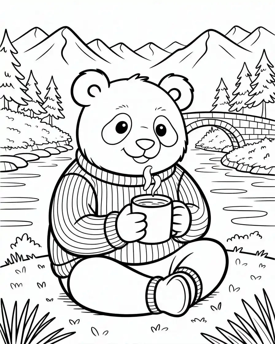 cozy panda in sweater drinking hot cocoa by the river coloring page