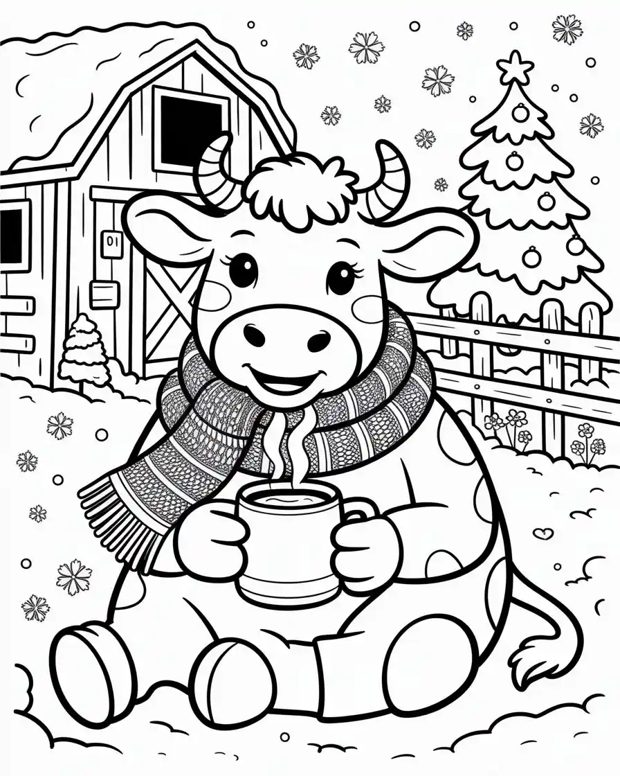 cozy winter cow sipping hot cocoa on a snowy farm coloring page