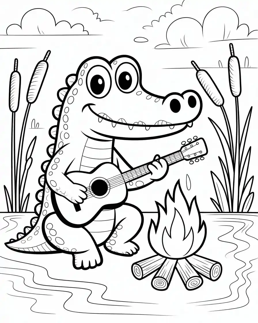 crocodile campfire guitar coloring page 1