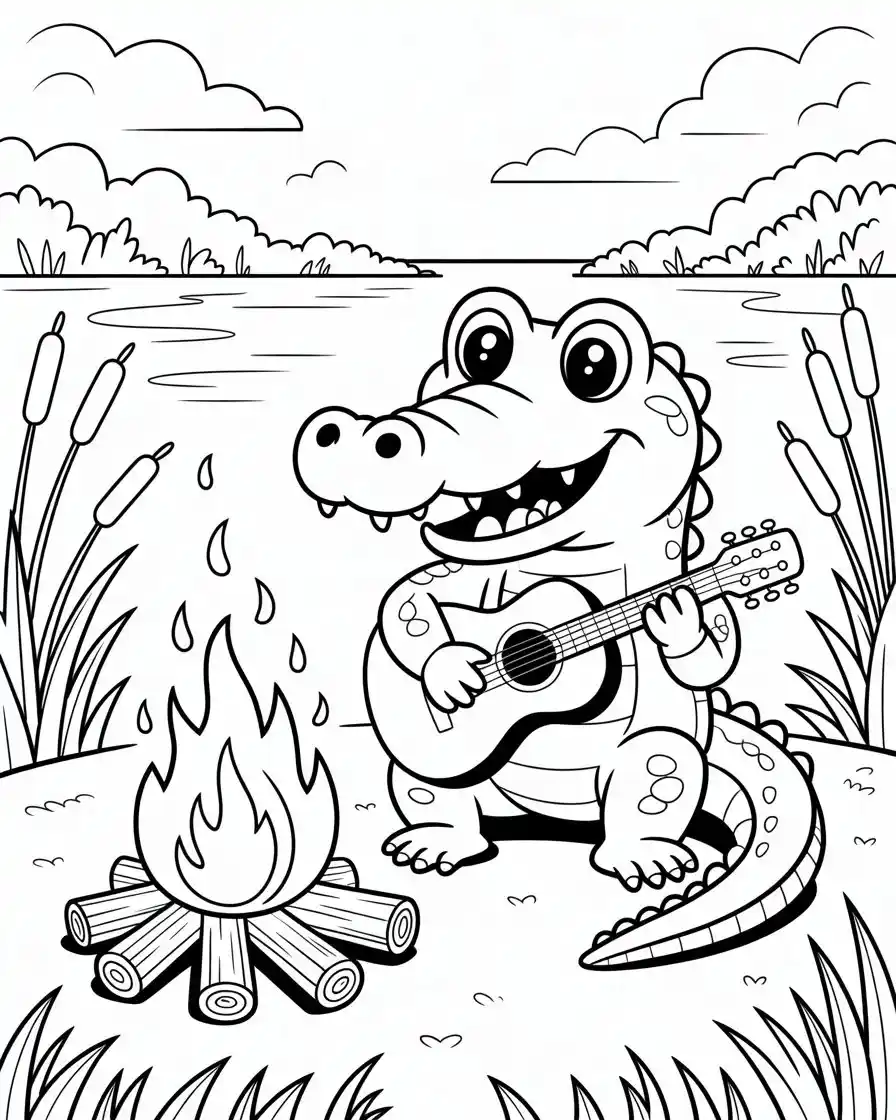 crocodile campfire guitar coloring page
