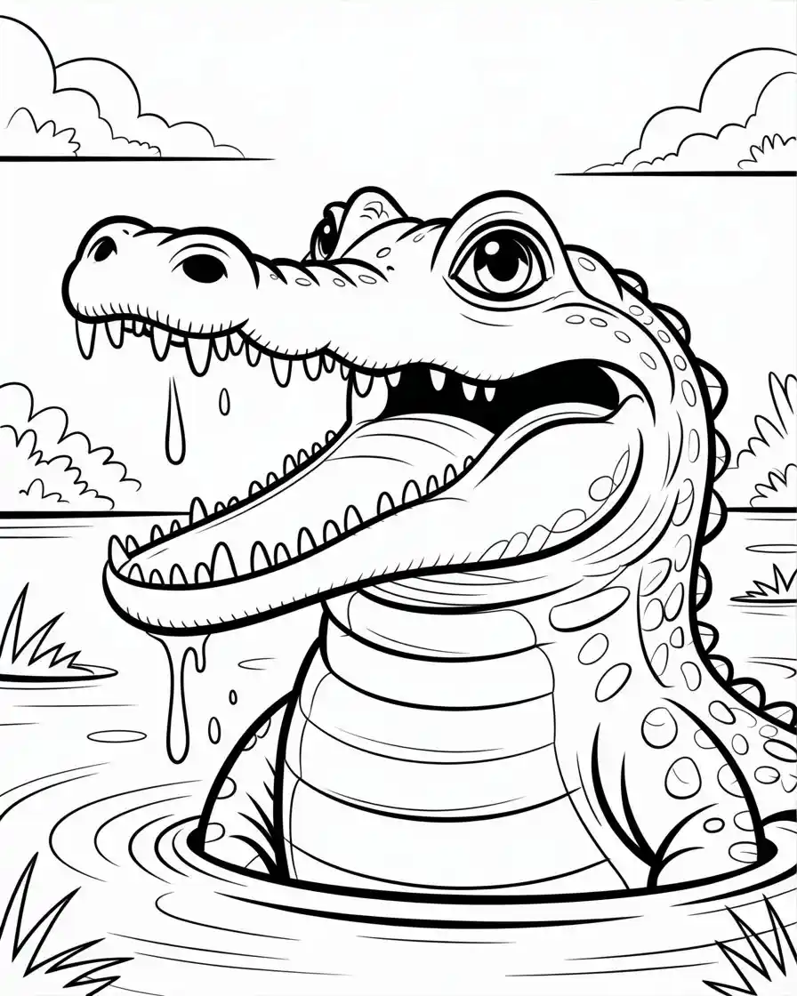 crocodile emerging closeup coloring page