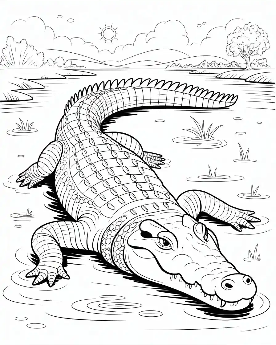crocodile resting river coloring page 1