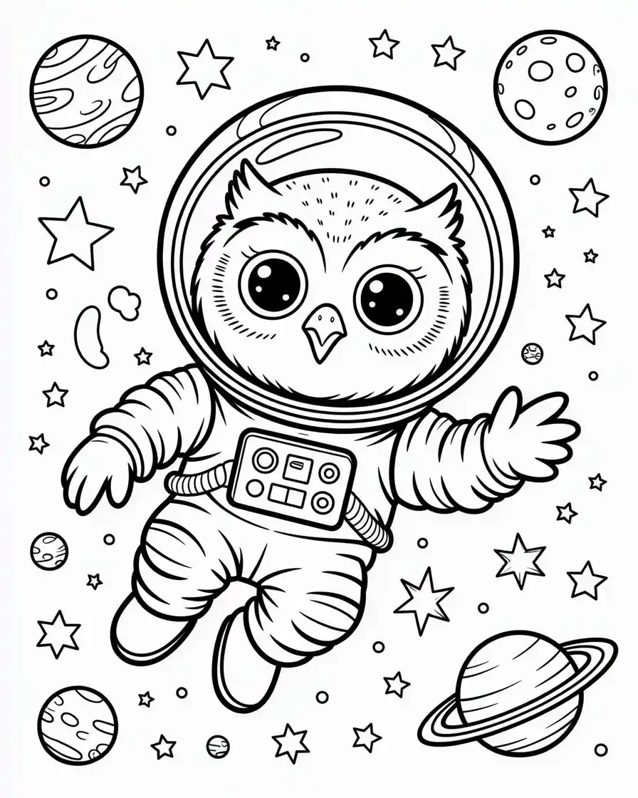 cute astronaut owl space coloring page 1