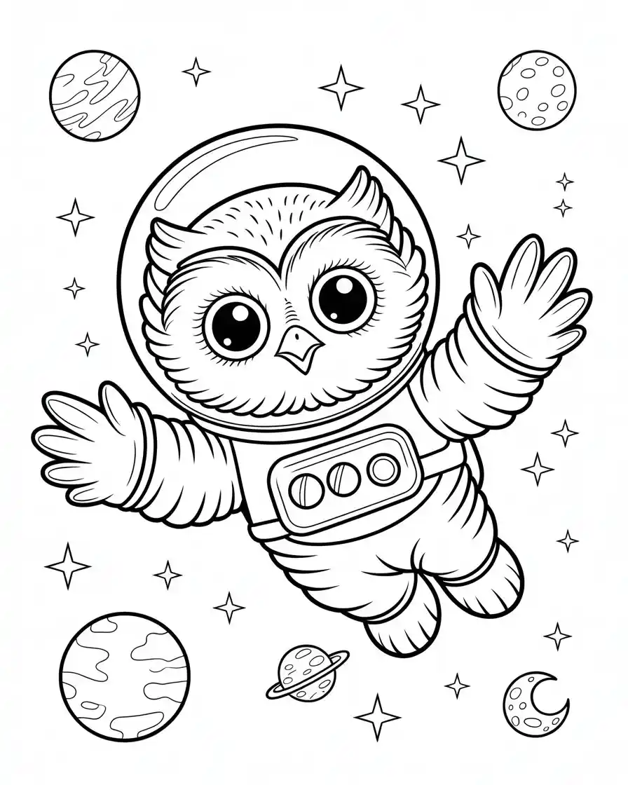 cute astronaut owl space coloring page