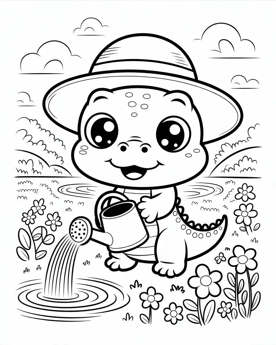 cute baby crocodile watering flowers coloring page
