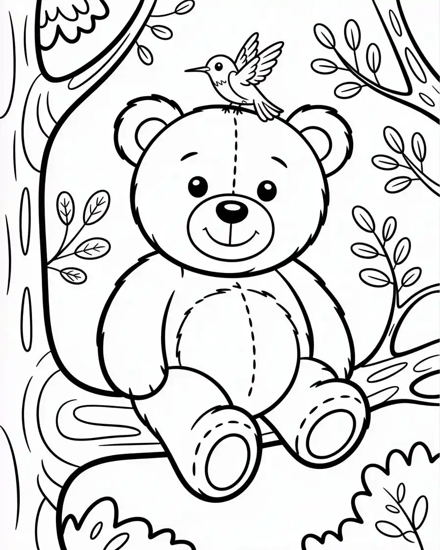 cute bear with hummingbird coloring page