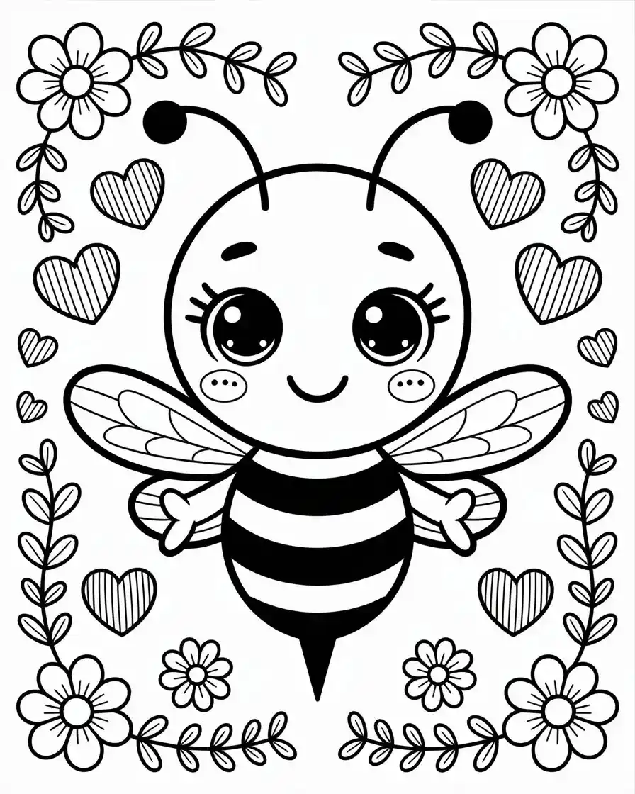 cute bee with hearts coloring page 1