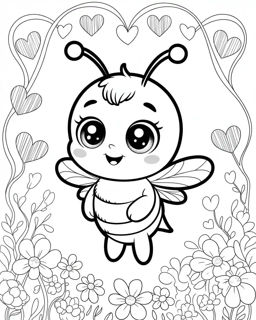 cute bee with hearts coloring page