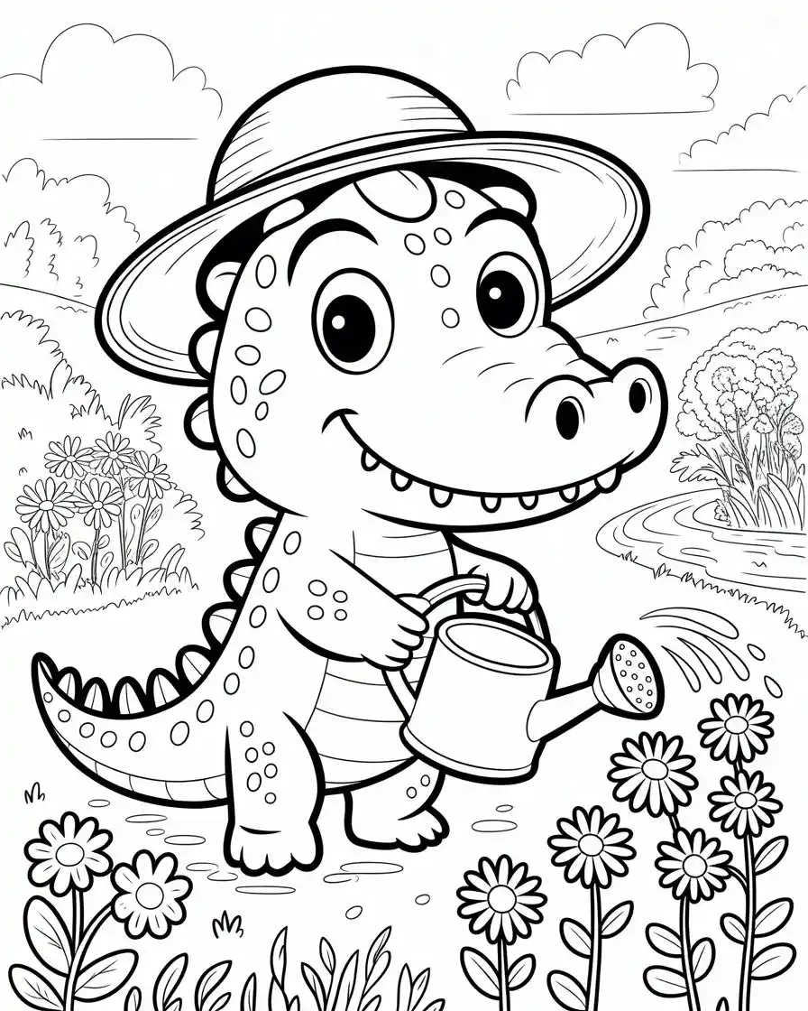 cute crocodile watering flowers coloring page