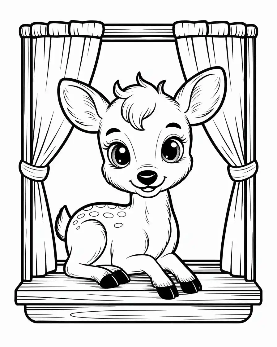 cute deer on windowsill coloring page