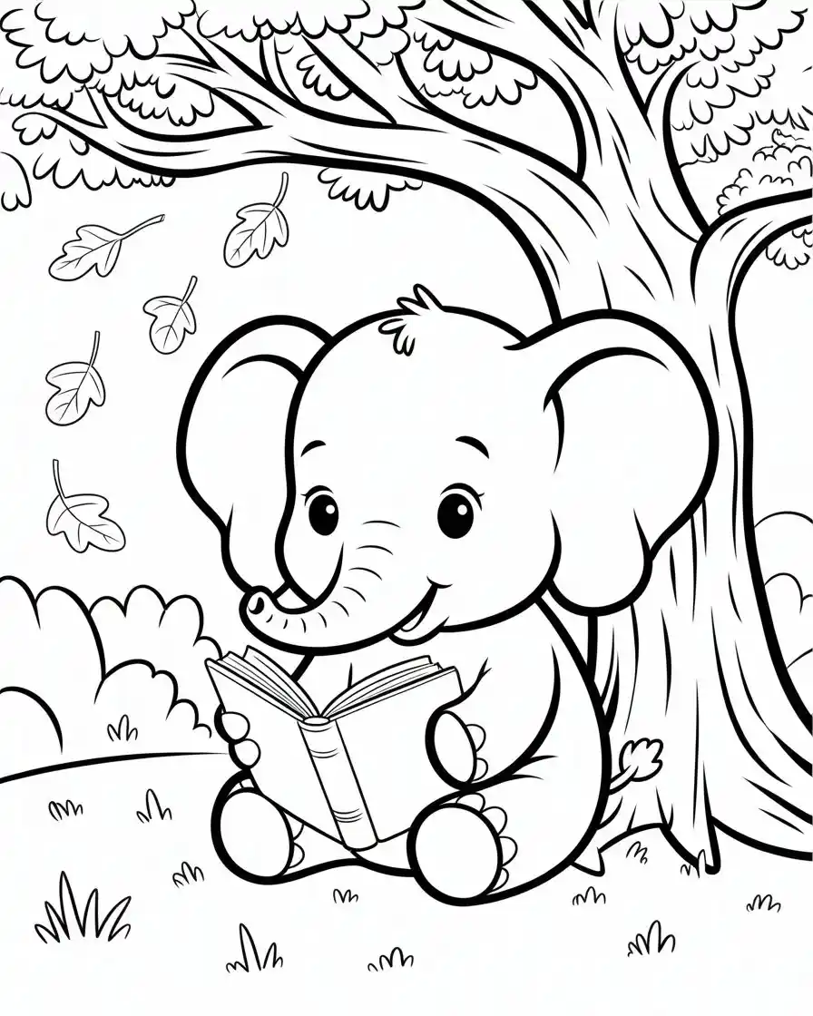 cute elephant reading coloring page