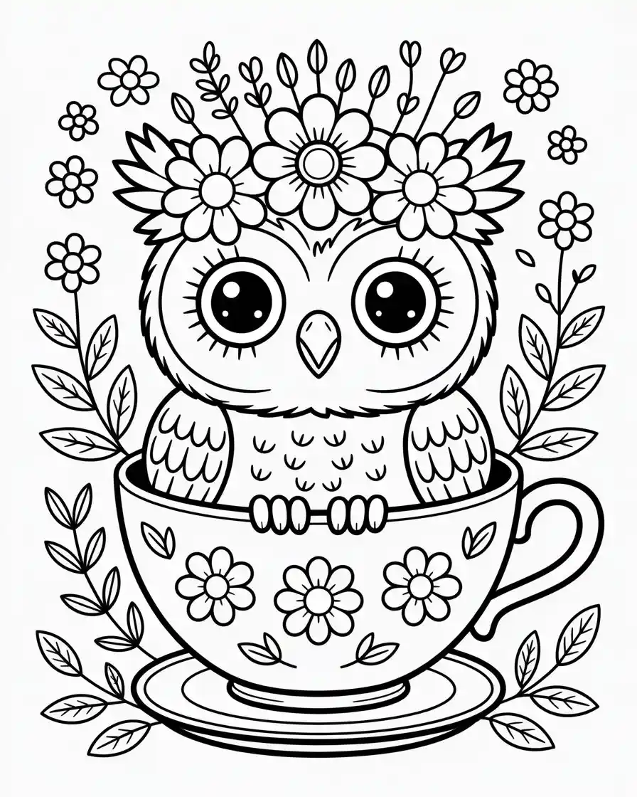 cute flower crown owl in teacup coloring page 1