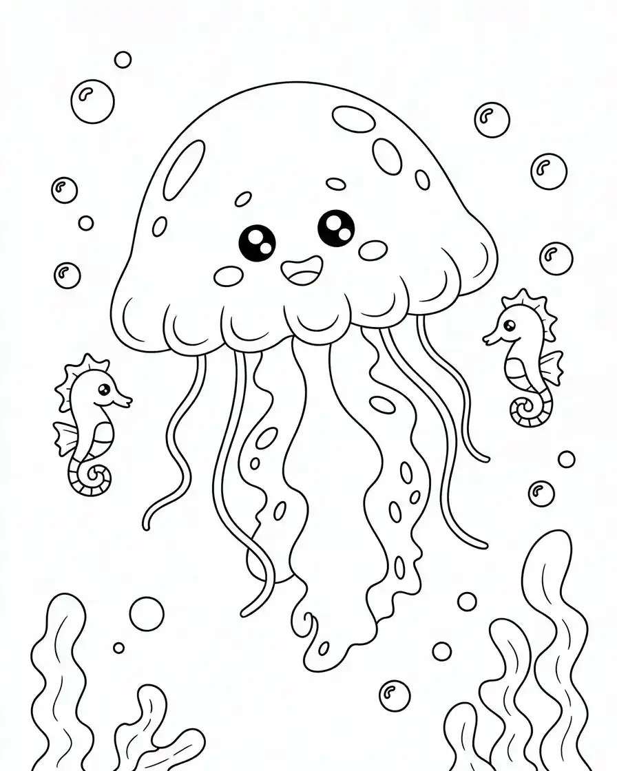 cute jellyfish with seahorses coloring page