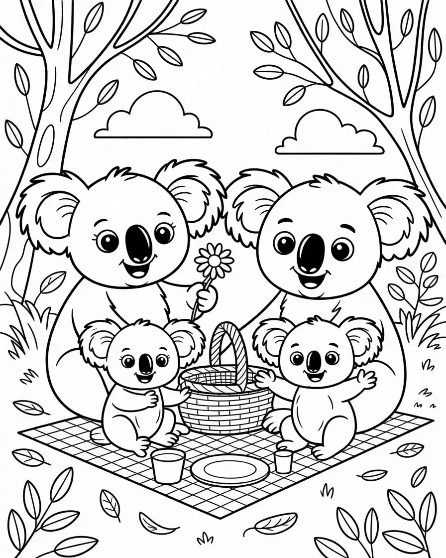 cute koala family picnic in forest