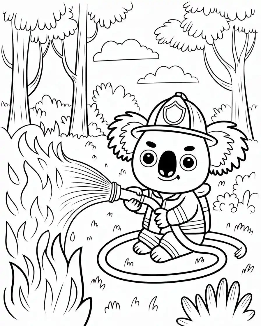 cute koala firefighter putting out fire