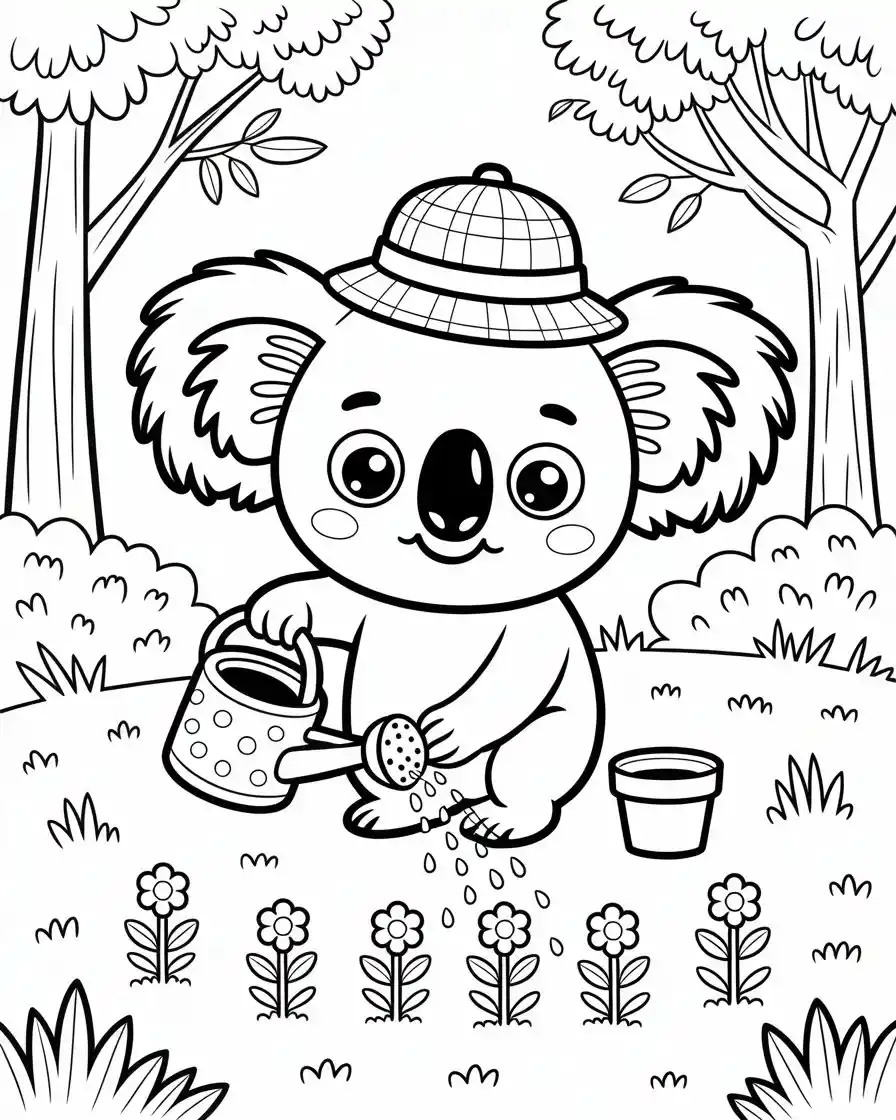 cute koala gardener planting flowers