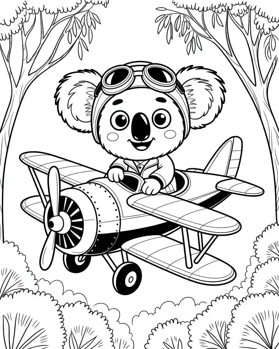 cute koala pilot flying biplane in forest