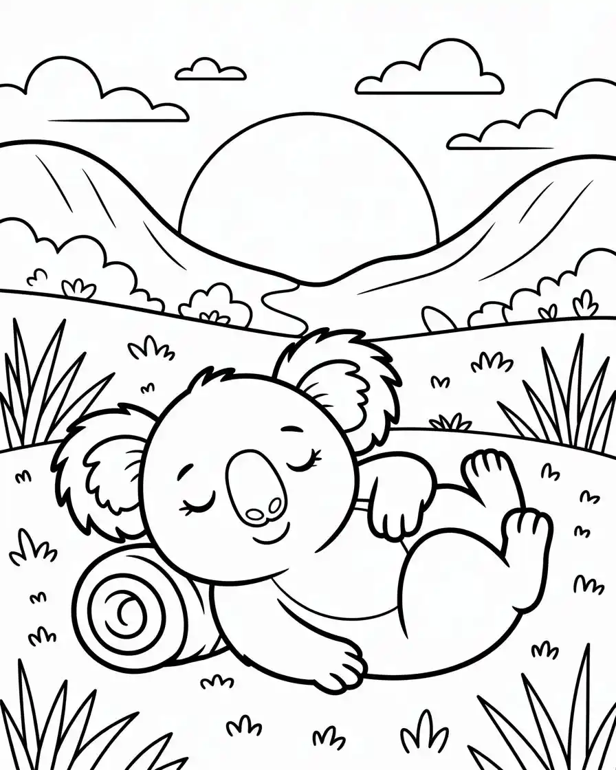 cute koala relaxing in meadow at sunset