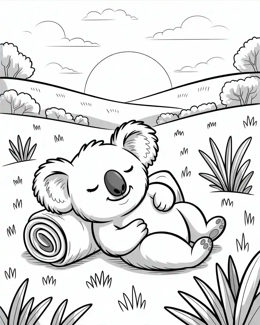 cute koala relaxing in meadow at sunset