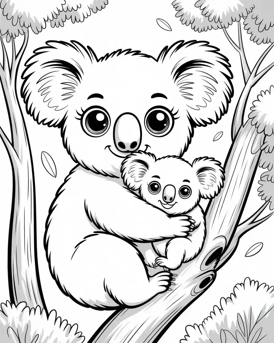 cute mother and baby koala hugging on tree