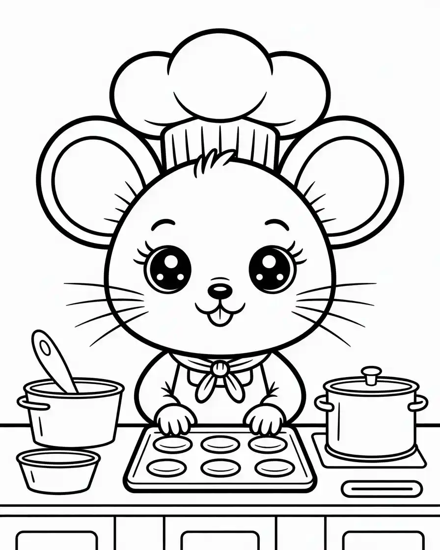 cute mouse chef baking cookies coloring page