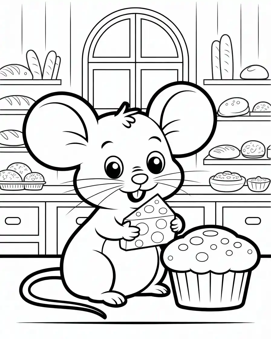 cute mouse eating cheese in cozy kitchen coloring page for kids and adults 1
