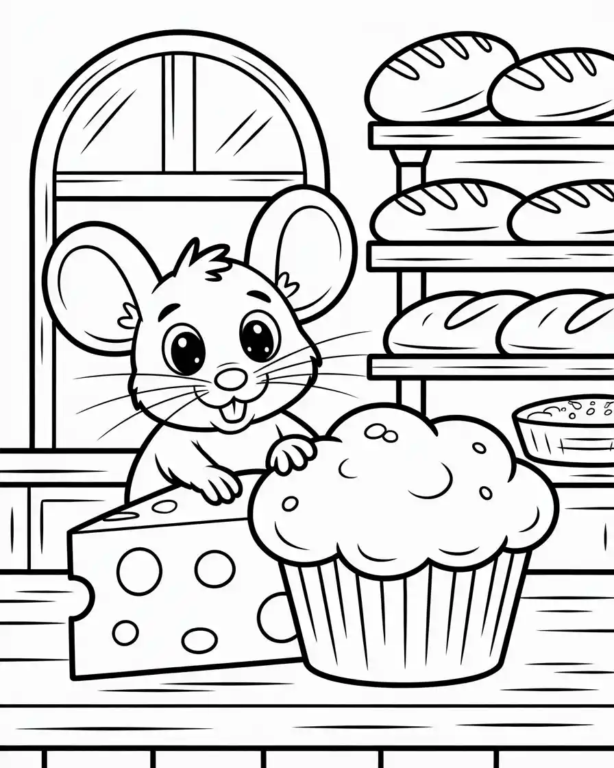cute mouse eating cheese in cozy kitchen coloring page for kids and adults