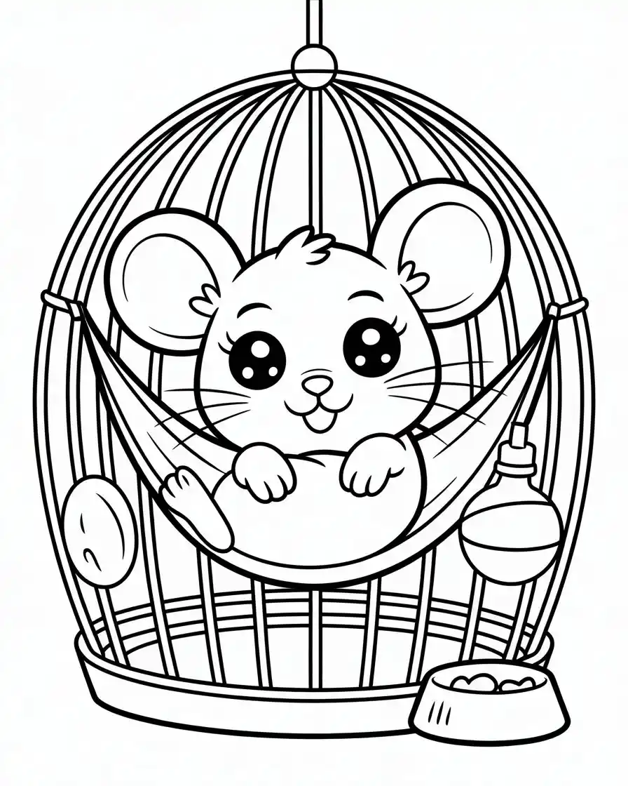 cute mouse in a cage hammock coloring page 1