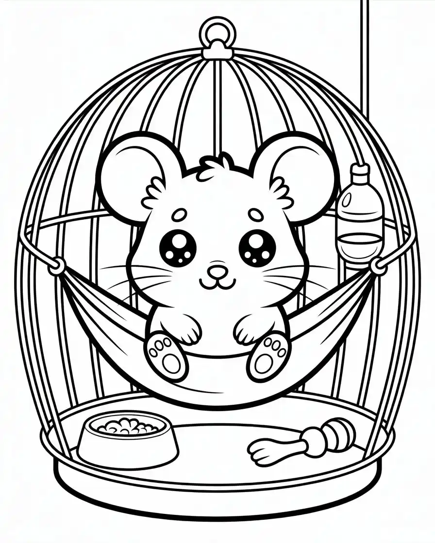cute mouse in a cage hammock coloring page