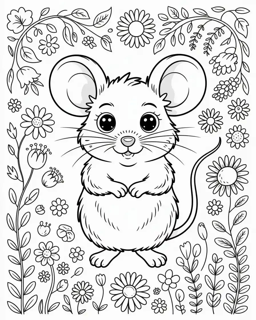 cute mouse in flowers coloring page