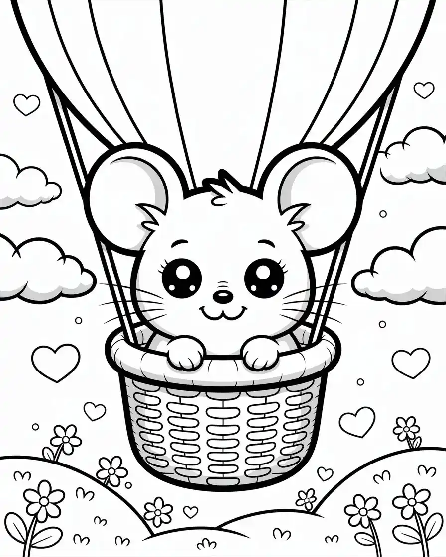 cute mouse in hot air balloon coloring page for kids and adults
