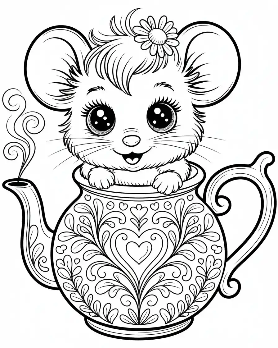 cute mouse in teapot coloring page